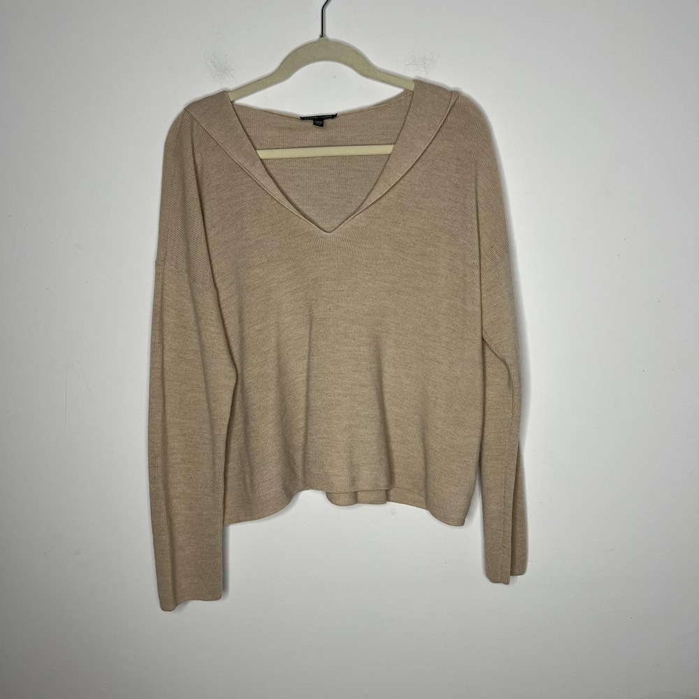 Eileen Fisher Sweater Womens Medium Beige Merino Wool Hooded V-Neck Pullover